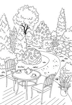 Garden graphic backyard table black white sketch vertical illustration vector  스톡 일러스트