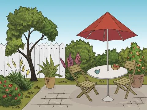 Garden graphic backyard table color sketch illustration vector Stock Illustration