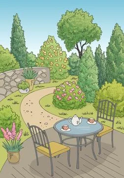 Garden graphic backyard table color sketch vertical illustration vector 스톡 일러스트