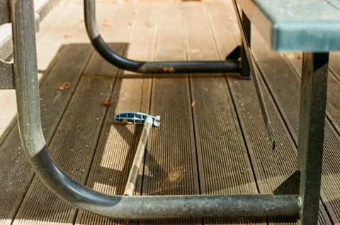 Garden Hose Spray Nozzle Lying on a Wooden Patio Deck Stock-Fotos