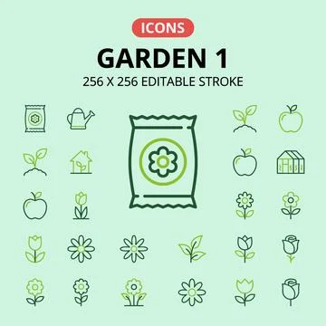 Garden icons set with seed packet, watering can, sprout, house, apple, gree.. Stock Illustration