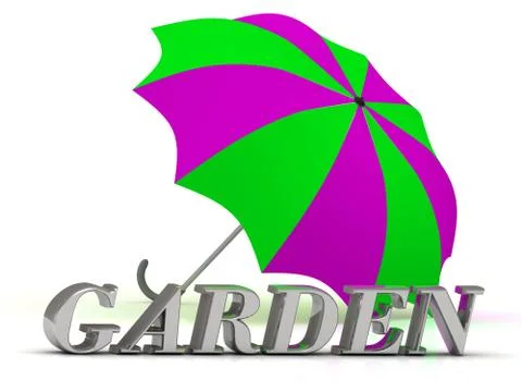 GARDEN- inscription of silver letters and umbrella on white background.. Stock Illustration