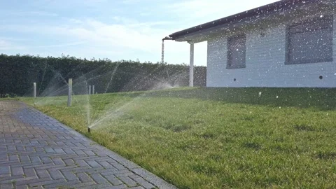 Garden Irrigation Automatic System View During Spring Time Stock Footage 143655735