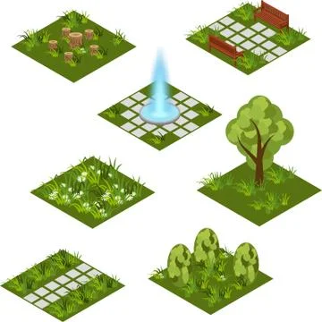 Garden isometric tile set. Isolated isometric tiles to design garden landscap Stock Illustration