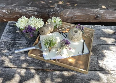 Garden journaling with nature elements on rustic wood Stock Photos