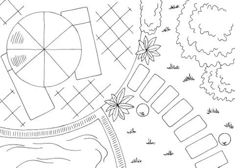 Garden landscape architect design backyard graphic black white sketch aerial vie Stockillustratie