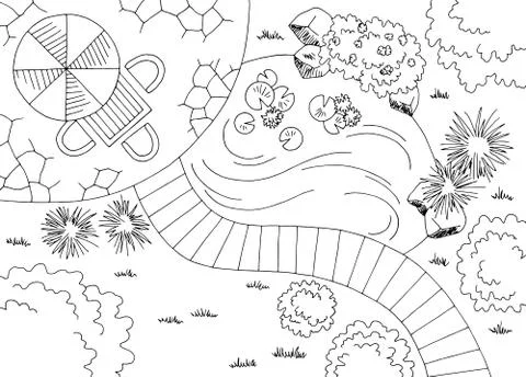 Garden landscape plan architect design backyard graphic black white sketch aeria Stockillustratie