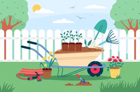 Garden landscape with tools. Gardening elements composition, outdoor works Stock Illustration
