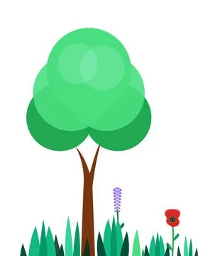 Garden landscape with tree, grass, and colorful flowers Stock Illustration