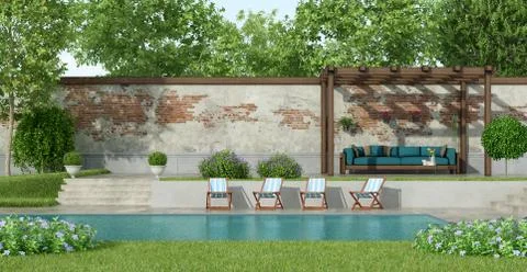 Garden with large pool Stock Illustration