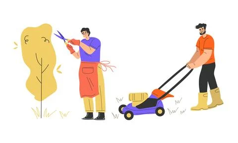 Garden Maintenance Engaging in Various Pruning and Lawn Mowing Activities for Illustrazione stock