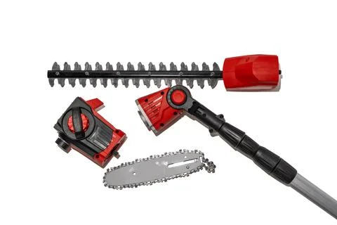 Garden multi tool hedge trimmer and chainsaw components flat lay Fotos Stock
