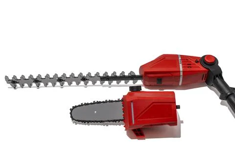 Garden multi tool with hedge trimmer and chainsaw attachments Stock Photos