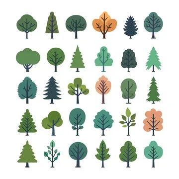 Garden or park landscaping elements. Tree icons set in a modern flat style Stock Illustration