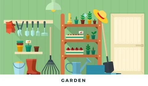 Garden pantry room with tools. Vector flat illustrations. Concept of gardening. Stock Illustration