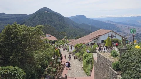 Garden Path Down Mountainside With Forested Peak, Monserrate, Bogotá, Colombia Stock Footage 331528764