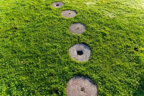 Garden path made of circular stepping stones placed in a row on a lush green  Stock Photos