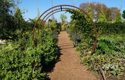 A garden path with a rusty archway invites visitors to wander through a lus.. Stock Photos