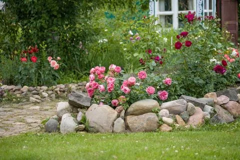 Garden path winds through green grass Stock Photos