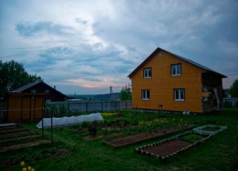 Garden plot in spring evening Stock Photos