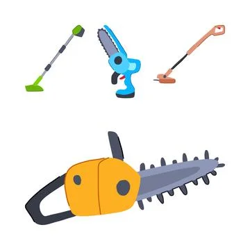 Garden power tools essential for yard work maintenance Illustrazione stock