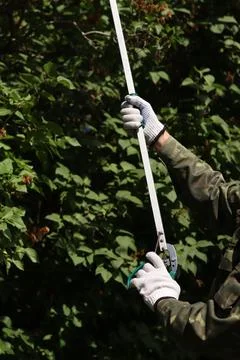 Garden pruner (long-handled pruner), in the hands of a gardener close-up Photos
