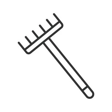 Garden rake icon in line design. Garden rake, gardening tool, agriculture, soil Stock Illustration