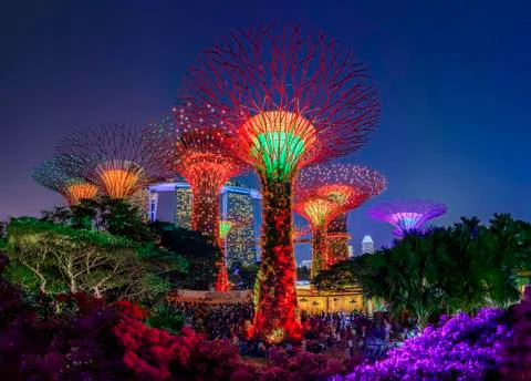 Garden Rhapsody, colorful light show at the Supertree Grove Gardens by the Ba Stock Photos