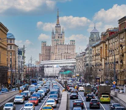 Garden Ring, panoramic view of traffic jam and Stalin's skyscraper 스톡 사진