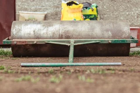 Garden roller ready for use. Roller for uneven surface on your garden. Manual Stock Photos