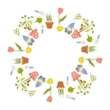 Garden round frame, ornament, spring. Planting plants, stock, garden gnome,.. Stock Illustration