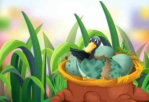 Garden scene with ducks hatching eggs Stock Illustration