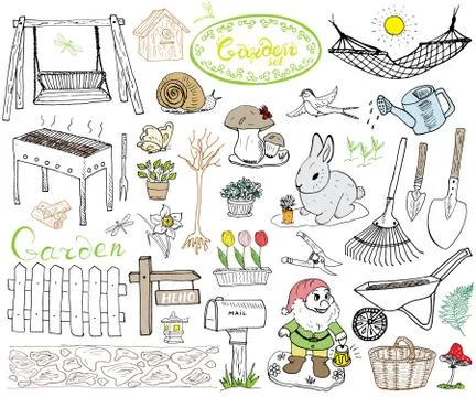 Garden set doodles elements. Hand drawn sketch with gardening tools, flovers  Illustrazione stock