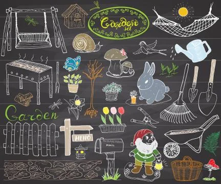 Garden set doodles elements. Hand drawn sketch with gardening tools, flovers  Stock Illustration