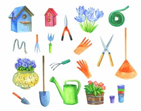 Garden set tools items birdhouse flowers Stock Illustration