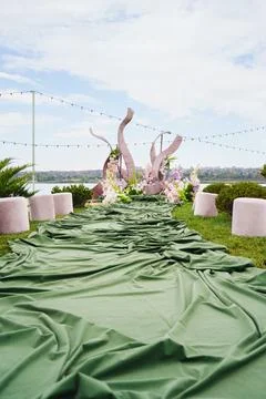 Garden setting with decorative elements by the water Stock Photos