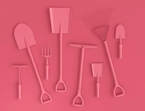 Garden shovel, pitchfork and rake on monochrome background, camping concept イラスト素材