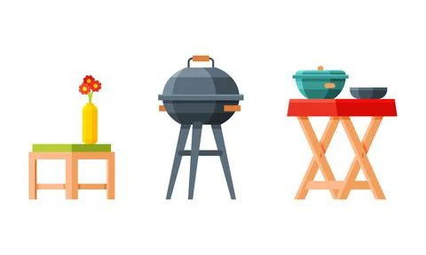 Garden Small Table and Grill Grid for Barbecue and Picnic Vector Set Stock Illustration