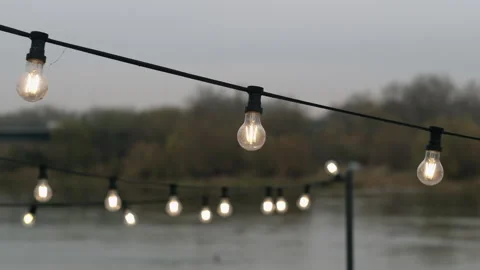 Garden String Lights Under Overcast Sky with River in Soft Background Stock Footage 321430220