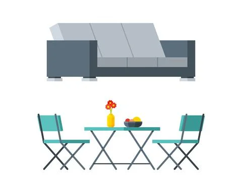 Garden Table with Chairs and Sofa as Lounge Zone Vector Set Ilustración de archivo