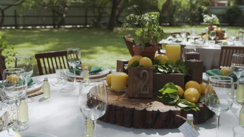 Garden table setting with lemons and herbs. wedding table setting Video stock 131390480