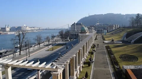 Garden Terrace below Buda Castle and Elizabeth Bridge Stock Footage 47722161