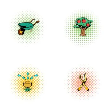 Garden tools and apple tree icons with halftone dots Stock Illustration