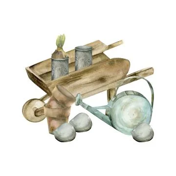 Garden tools and flowers composition with yellow daffodils, watering can, sho Stock Illustration