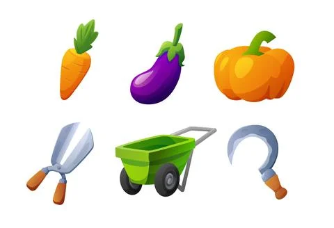 Garden tools and vegetables set for farm game, flat vector illustration isolated Stock Illustration