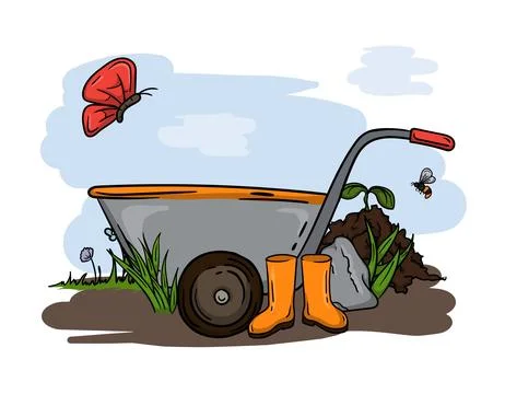 Garden tools, cart, rubber hoe and spring nature. Stock Illustration