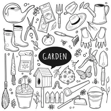 Garden tools doodle set. Outline vector Illustration, gardening and horticulture Stock Illustration