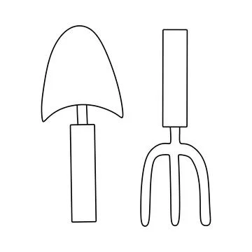 Garden Tools Doodle set. Small rake and Spade Equipment, Facilities for Garde Stock Illustration