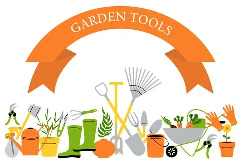 Garden tools. Farming work instruments. Gardening equipment. Watering can. Ve Stock Illustration