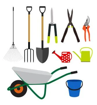 Garden Tools, Instruments Flat Icon Collection Set. Shovel, buck Stock Illustration